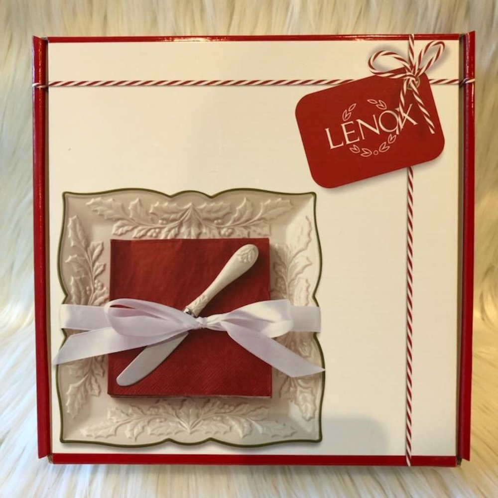 Lenox Holiday Carved Square Tray w/ Knife & Napkins